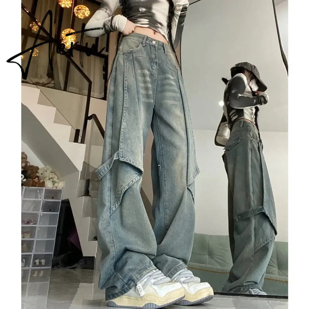 Blue Women Jeans Vintage High Waist Chic American Fashion Y2K Streetwear Wide Leg Jean Female Trouser  NEW Baggy Denim Pants Aiertu