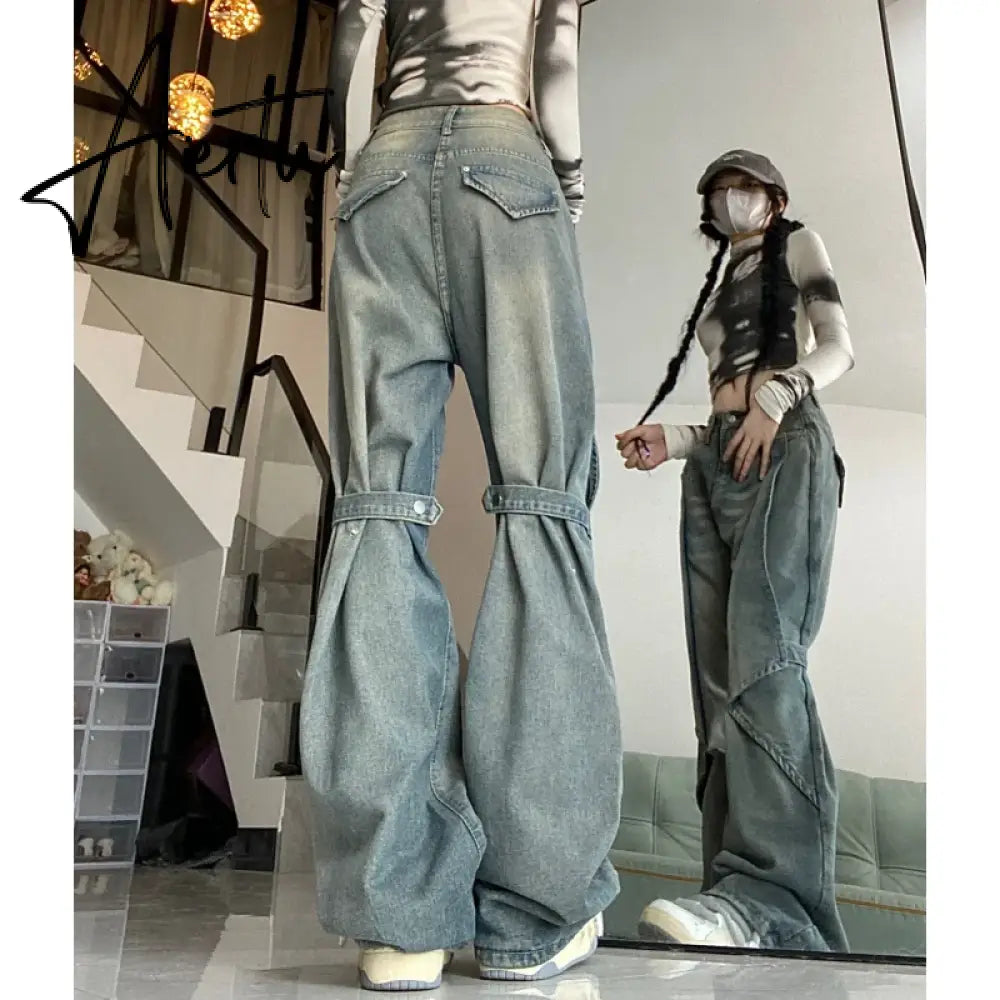 Blue Women Jeans Vintage High Waist Chic American Fashion Y2K Streetwear Wide Leg Jean Female Trouser  NEW Baggy Denim Pants Aiertu