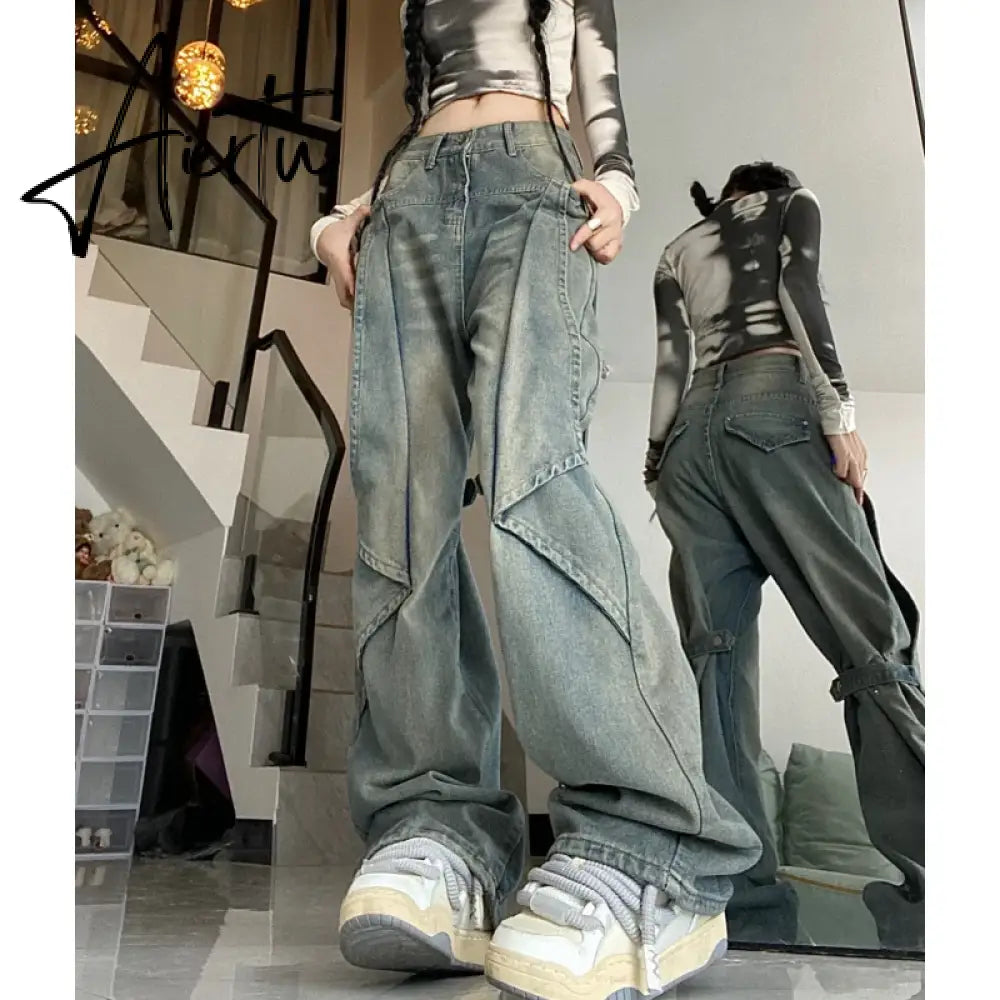 Blue Women Jeans Vintage High Waist Chic American Fashion Y2K Streetwear Wide Leg Jean Female Trouser  NEW Baggy Denim Pants Aiertu