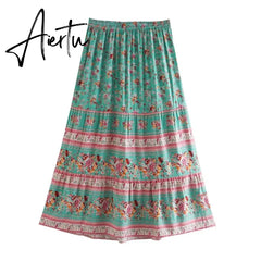 Bohemia Floral Print Long Skirt Turquoise Spliced Ruched Ruffle Hem Hippie Women Adjust Stream Waist Swing Skirts Holiday Beach Aiertu