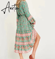 Bohemia Floral Print Long Skirt Turquoise Spliced Ruched Ruffle Hem Hippie Women Adjust Stream Waist Swing Skirts Holiday Beach Aiertu