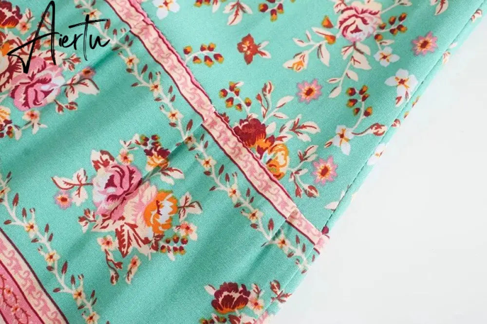 Bohemia Floral Print Long Skirt Turquoise Spliced Ruched Ruffle Hem Hippie Women Adjust Stream Waist Swing Skirts Holiday Beach Aiertu