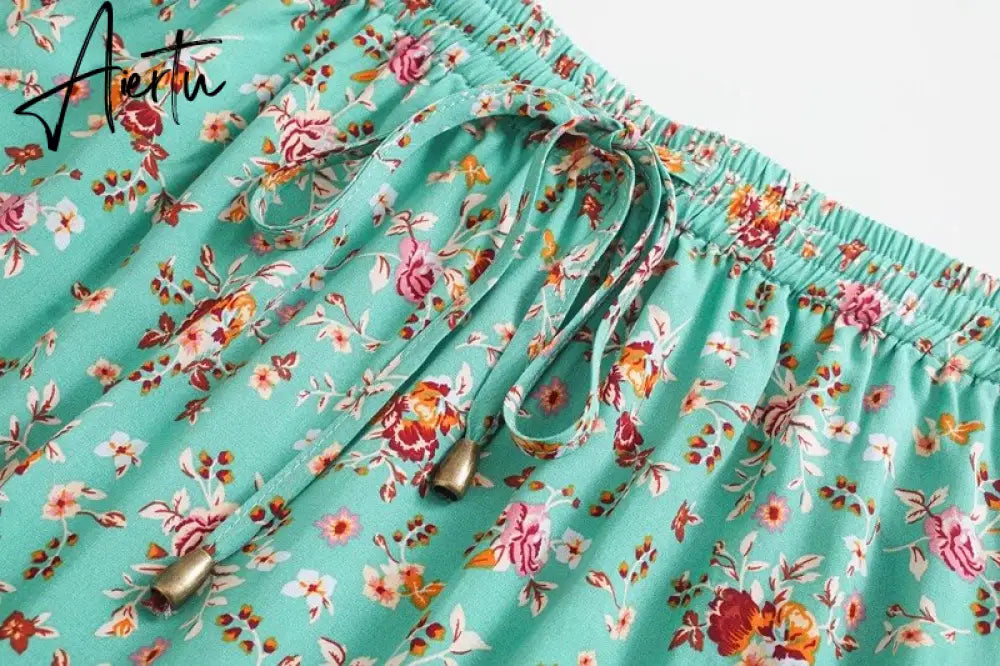 Bohemia Floral Print Long Skirt Turquoise Spliced Ruched Ruffle Hem Hippie Women Adjust Stream Waist Swing Skirts Holiday Beach Aiertu