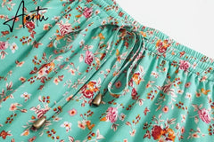 Bohemia Floral Print Long Skirt Turquoise Spliced Ruched Ruffle Hem Hippie Women Adjust Stream Waist Swing Skirts Holiday Beach Aiertu