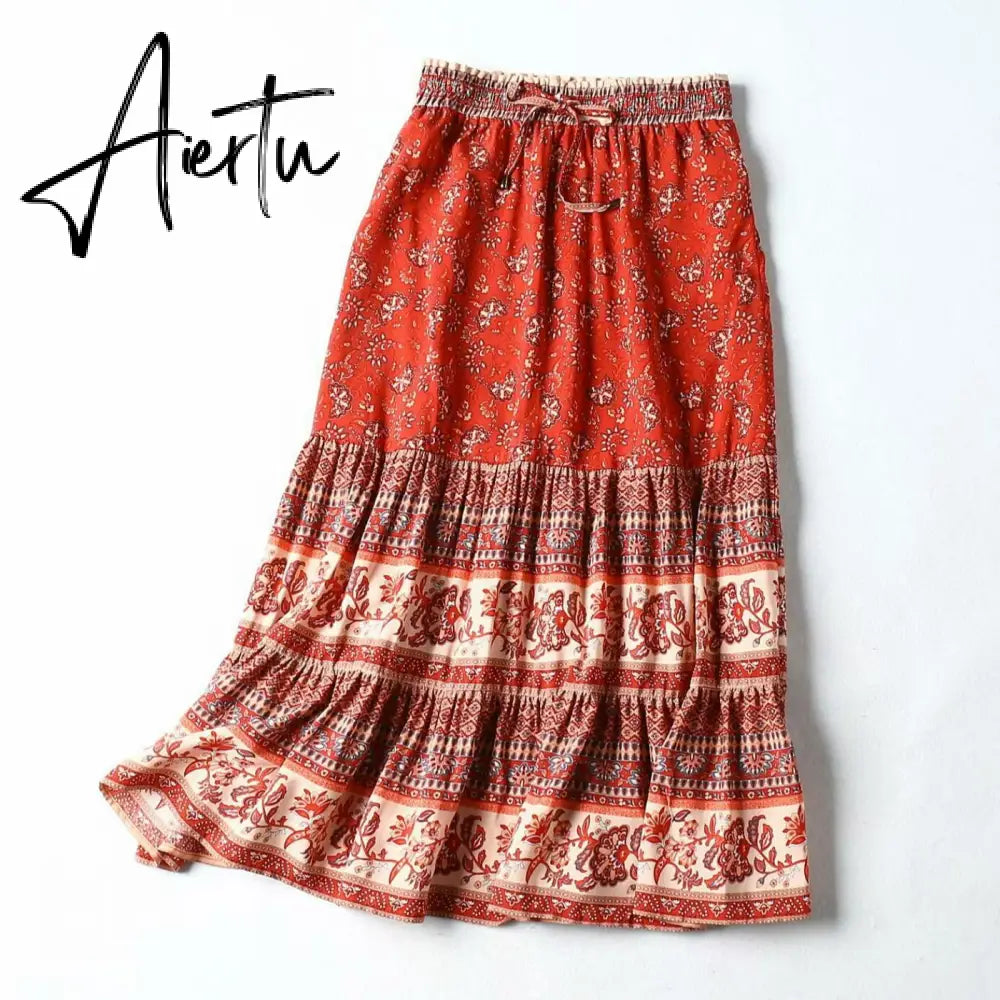 Bohemia Floral Print Long Skirt Turquoise Spliced Ruched Ruffle Hem Hippie Women Adjust Stream Waist Swing Skirts Holiday Beach Aiertu