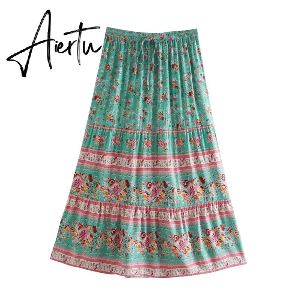 Bohemia Floral Print Long Skirt Turquoise Spliced Ruched Ruffle Hem Hippie Women Adjust Stream Waist Swing Skirts Holiday Beach Aiertu