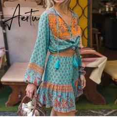 Bohemian Lacing up Tassel Floral Shirt Sexy Women Elastic Waist Mini Short Skirt Long Sleeve Blouse Holiday 2 Pieces Set Aiertu