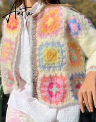 BOHO Colored Plaid Flower Hand Crochet Cardigan Vintage Woman O neck Long sleeve Open Stitching Sweater Knitwear Jumper Aiertu