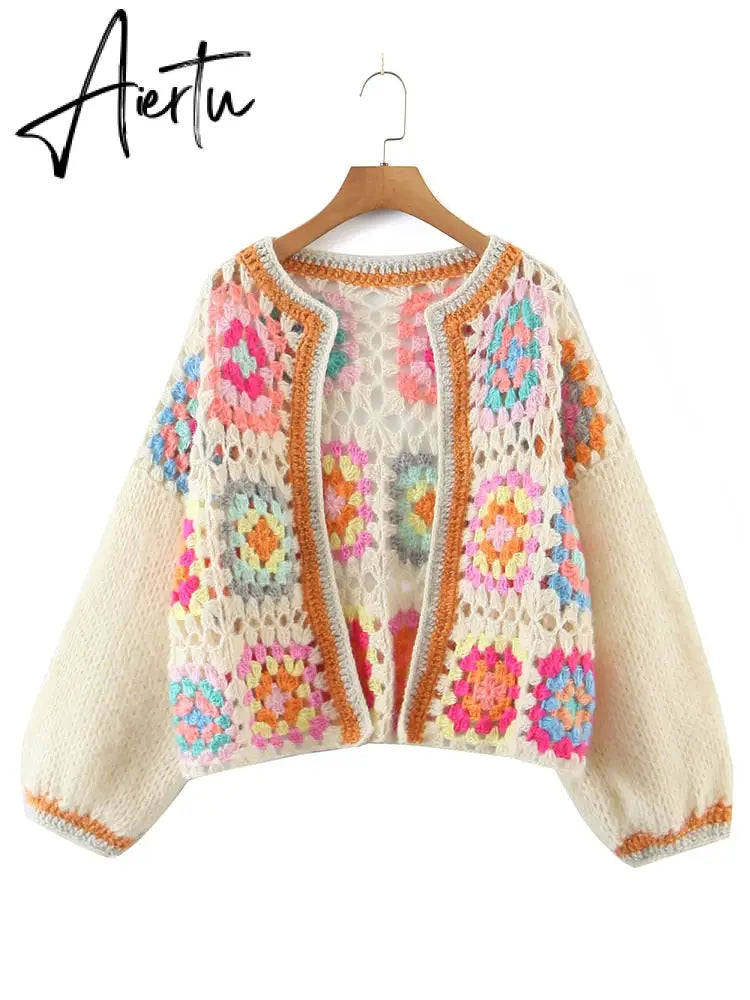 BOHO Colored Plaid Flower Hand Crochet Cardigan Vintage Woman O neck Long sleeve Open Stitching Sweater Knitwear Jumper Aiertu