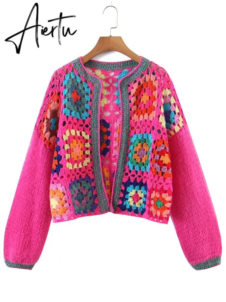 BOHO Colored Plaid Flower Hand Crochet Cardigan Vintage Woman O neck Long sleeve Open Stitching Sweater Knitwear Jumper Aiertu