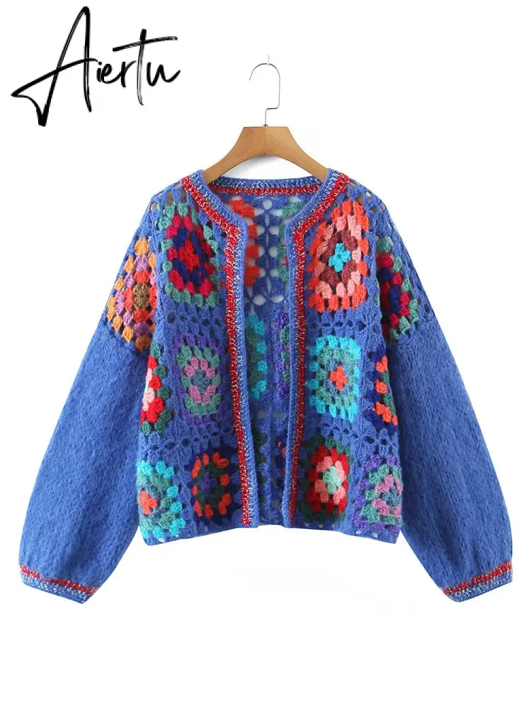 BOHO Colored Plaid Flower Hand Crochet Cardigan Vintage Woman O neck Long sleeve Open Stitching Sweater Knitwear Jumper Aiertu