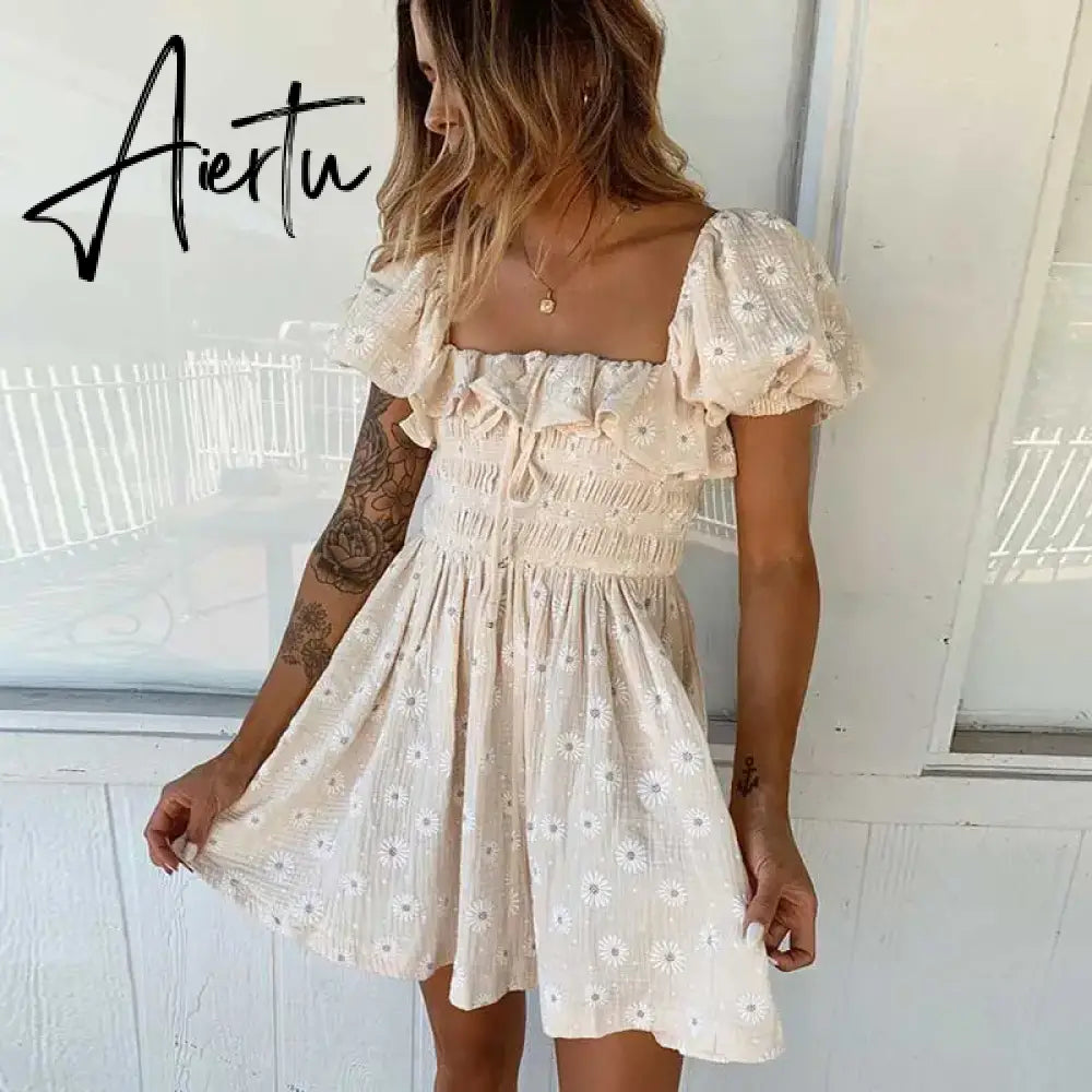 Boho dress daisy embroidery floral summer dress square neck elastic bust cotton mini women dress casual chic vestidos 2021 NEW Aiertu