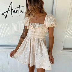 Boho dress daisy embroidery floral summer dress square neck elastic bust cotton mini women dress casual chic vestidos 2021 NEW Aiertu