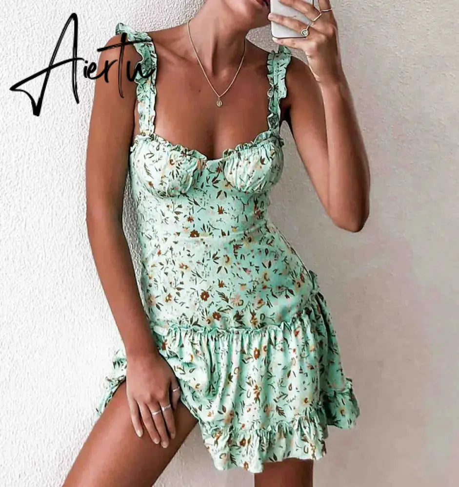 Boho Women Spaghetti Strap Floral Sundress Summer Sweet Lace Ruched Ruffles Tutu Mini Dress A-Line Lady Flowers Strapless Dress Aiertu