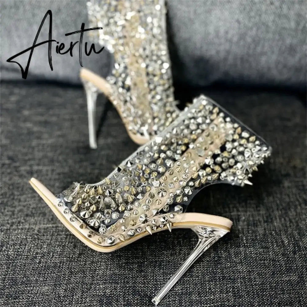 Brand Design New Crystal/rivet Zipper Sandals Stage Banquet Nightclub High Heels Women Shoes Apricot Silver Dress Matching Aiertu