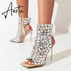 Brand Design New Crystal/rivet Zipper Sandals Stage Banquet Nightclub High Heels Women Shoes Apricot Silver Dress Matching Aiertu