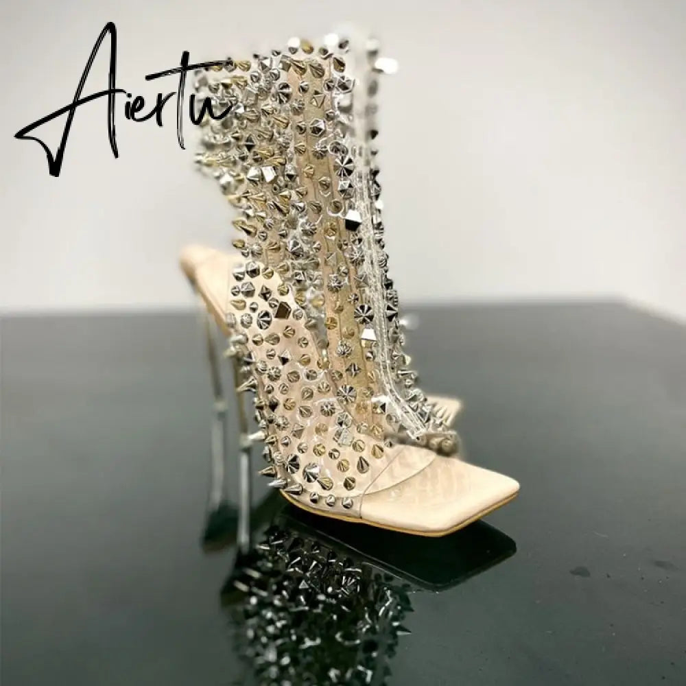 Brand Design New Crystal/rivet Zipper Sandals Stage Banquet Nightclub High Heels Women Shoes Apricot Silver Dress Matching Aiertu