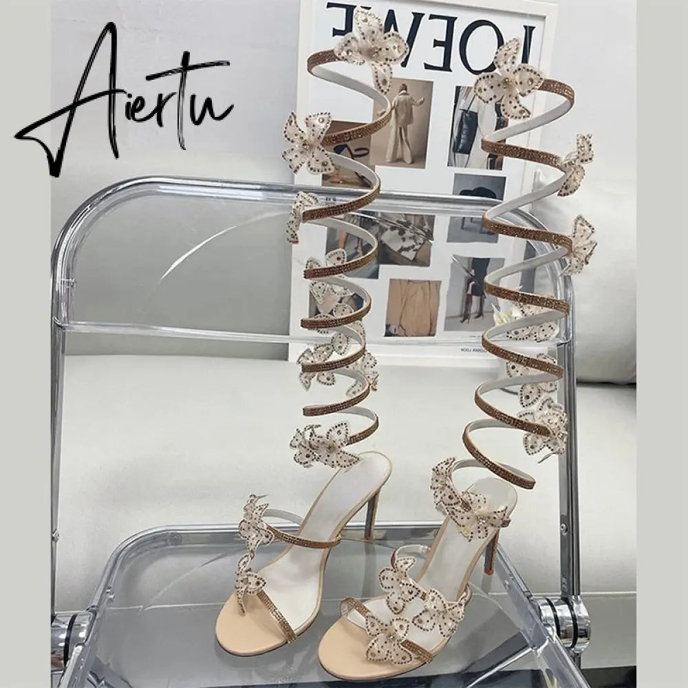 Brand Dress Runway Crystal Pendant Sandals Snake-shaped Ribbon Sexy 9.5cm High Heel Roman Open-toe Hollow High-top Cool Boots Shoes Aiertu