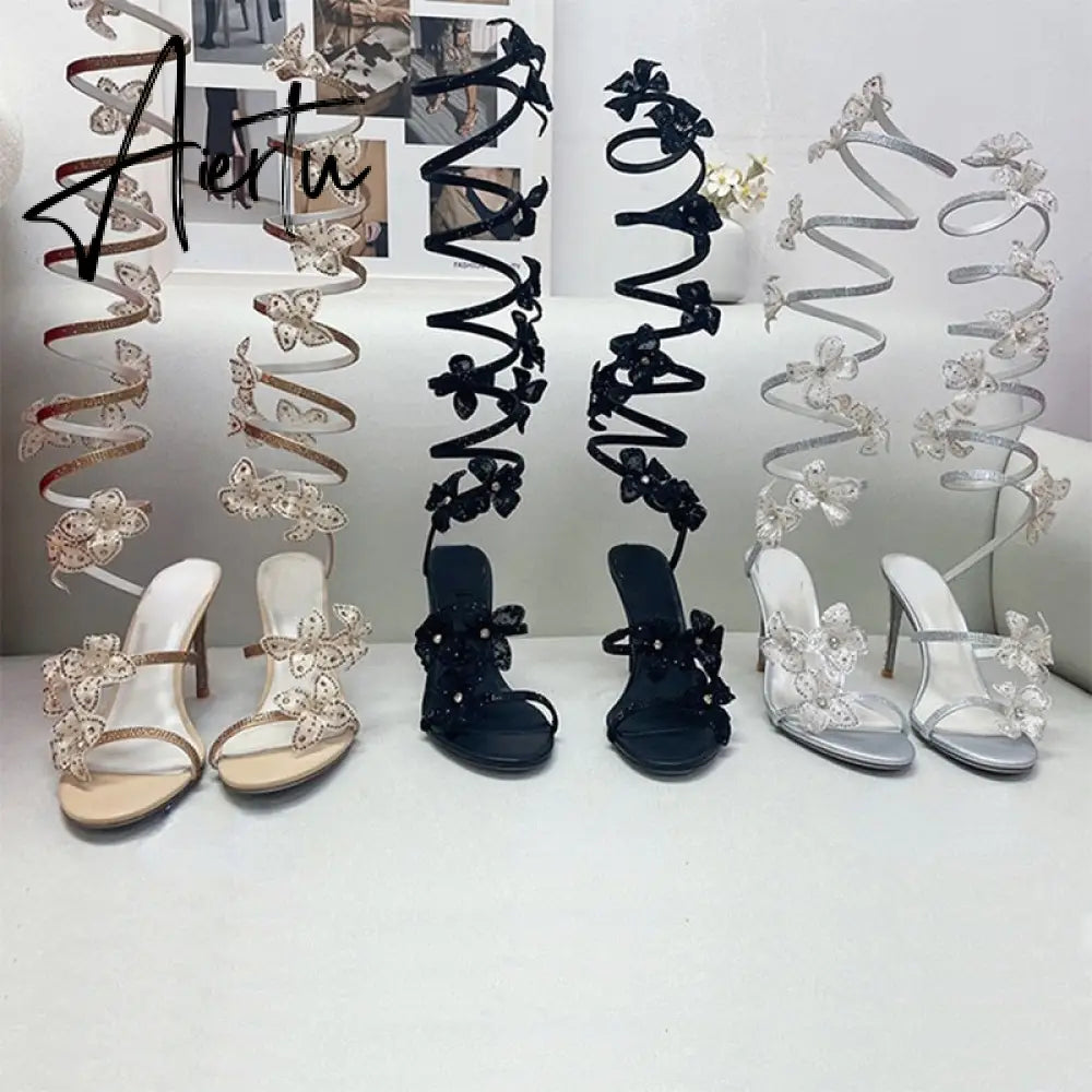 Brand Dress Runway Crystal Pendant Sandals Snake-shaped Ribbon Sexy 9.5cm High Heel Roman Open-toe Hollow High-top Cool Boots Shoes Aiertu