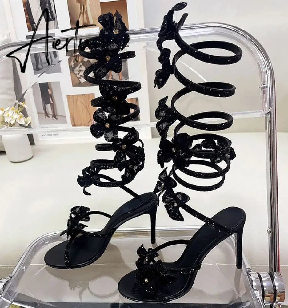 Brand Dress Runway Crystal Pendant Sandals Snake-shaped Ribbon Sexy 9.5cm High Heel Roman Open-toe Hollow High-top Cool Boots Shoes Aiertu