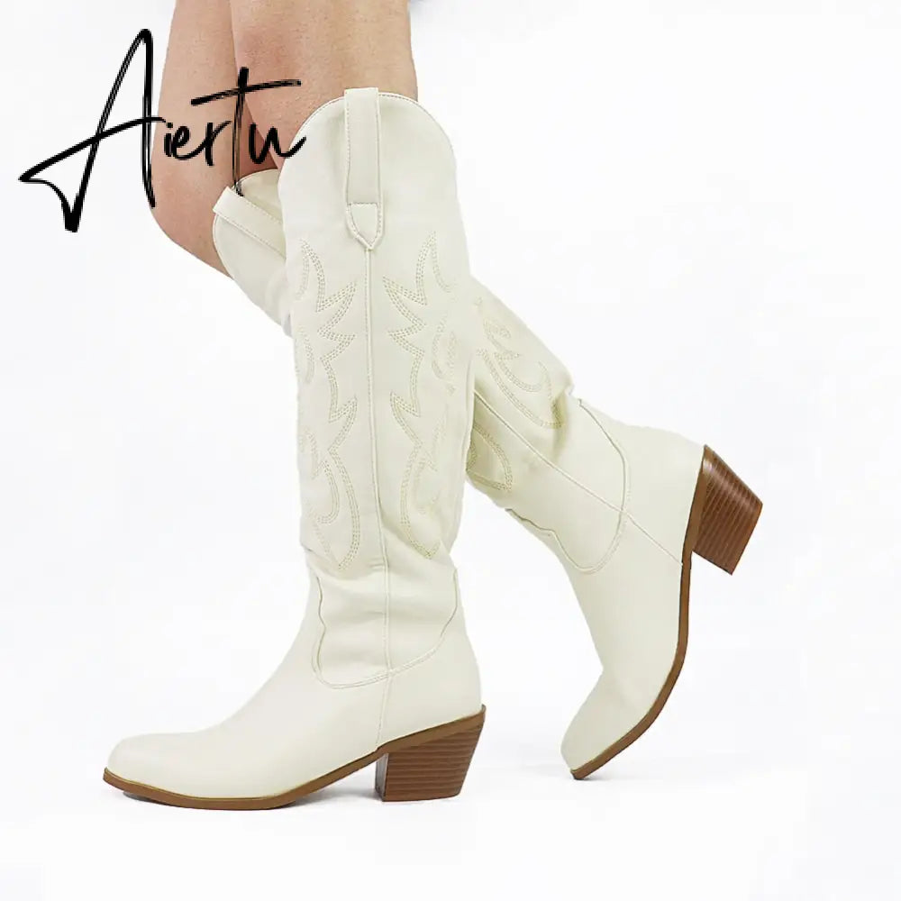 Brand New Big Size 45 Female Western mid calf Boots Chunky Heels Slip On Autumn Winter Cowboy Boots Women Retro Shoes For Woman Aiertu