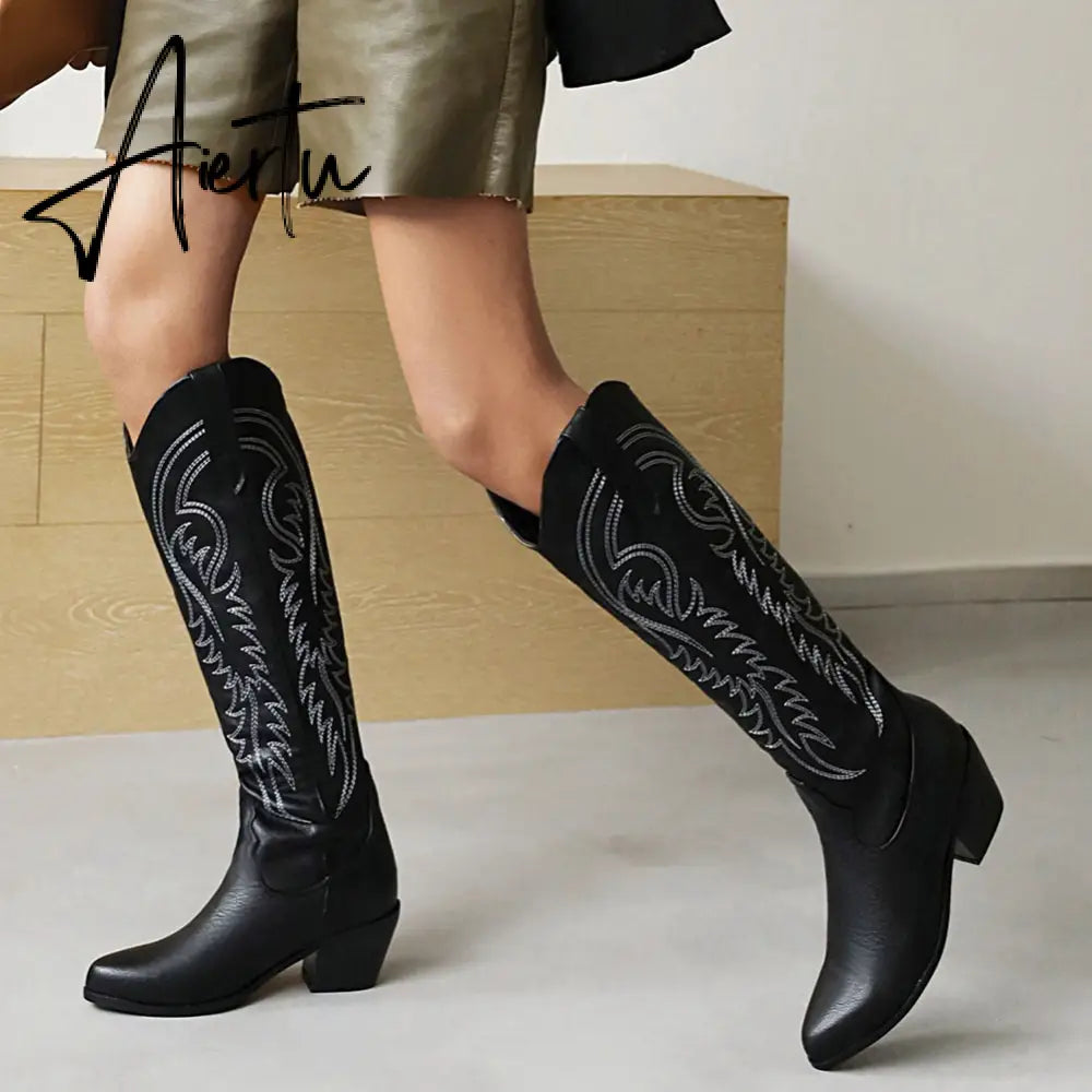 Brand New Big Size 45 Female Western mid calf Boots Chunky Heels Slip On Autumn Winter Cowboy Boots Women Retro Shoes For Woman Aiertu