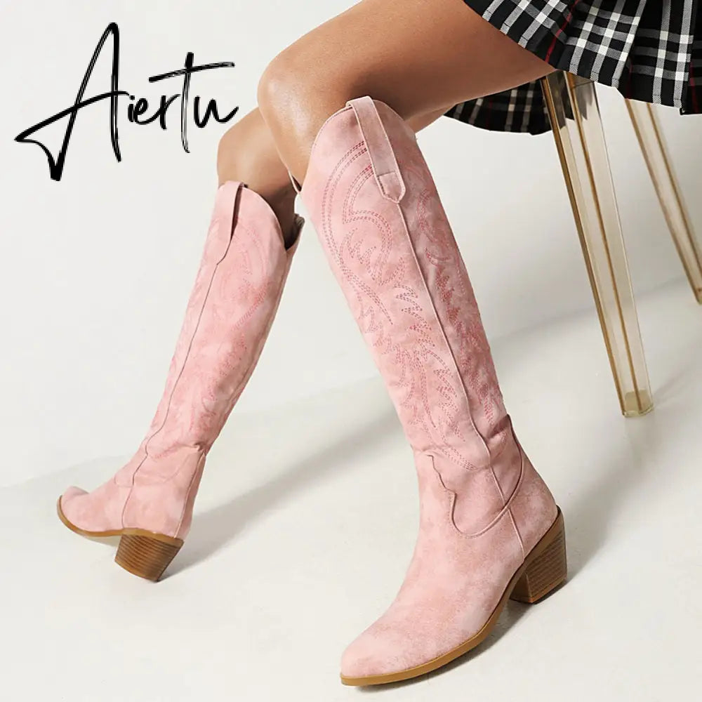 Brand New Big Size 45 Female Western mid calf Boots Chunky Heels Slip On Autumn Winter Cowboy Boots Women Retro Shoes For Woman Aiertu