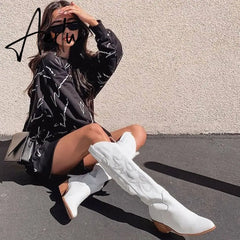 Brand New Big Size 45 Female Western mid calf Boots Chunky Heels Slip On Autumn Winter Cowboy Boots Women Retro Shoes For Woman Aiertu