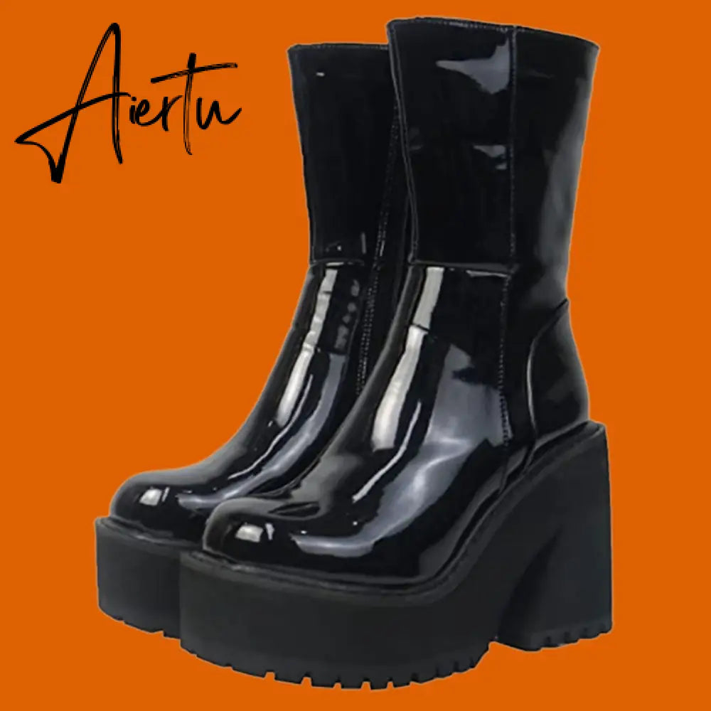 Brand New Design Autumn Winter Knee High Boots Gothic Punk Motorcycle Boots Women Platform Chunky High Heels Shoes For Woman Aiertu