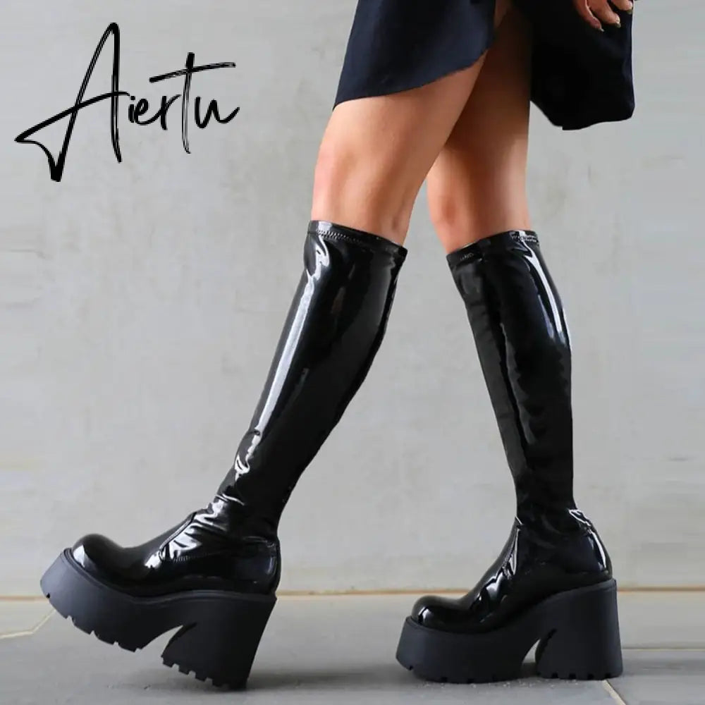 Brand New Design Autumn Winter Knee High Boots Gothic Punk Motorcycle Boots Women Platform Chunky High Heels Shoes For Woman Aiertu