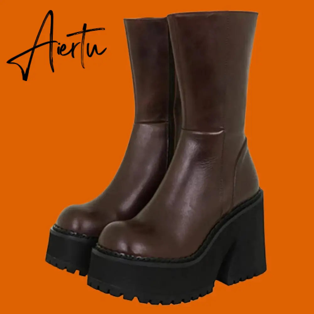 Brand New Design Autumn Winter Knee High Boots Gothic Punk Motorcycle Boots Women Platform Chunky High Heels Shoes For Woman Aiertu