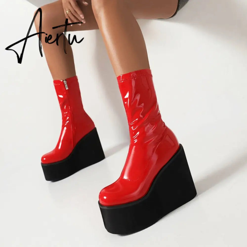 Brand New Design Women's Mid Calf Boots Platform Wedges High Heels Gothic Punk Shoes Autumn Ladies Fashion Plus Size Long Boots Aiertu