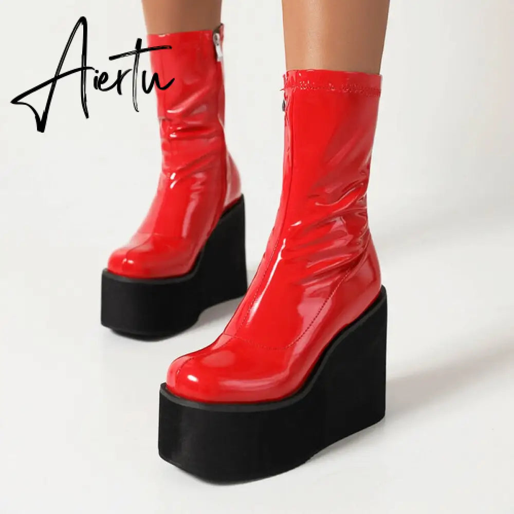 Brand New Design Women's Mid Calf Boots Platform Wedges High Heels Gothic Punk Shoes Autumn Ladies Fashion Plus Size Long Boots Aiertu