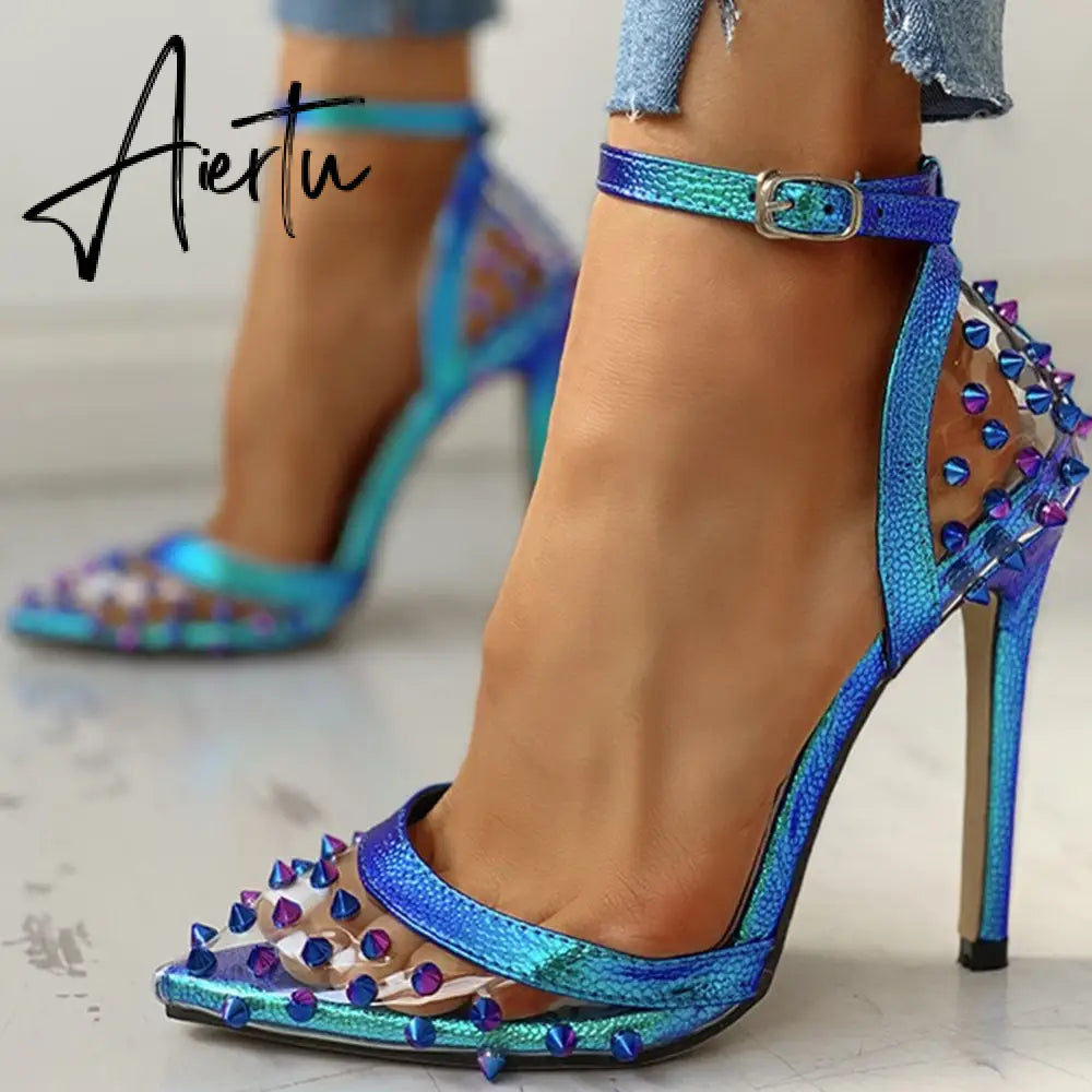 Brand Sexy Thin High Heels Party Summer Sandals Shoes Woman Pointed Toe Rivets PVC women's ankle-strap Lady Shoes Aiertu