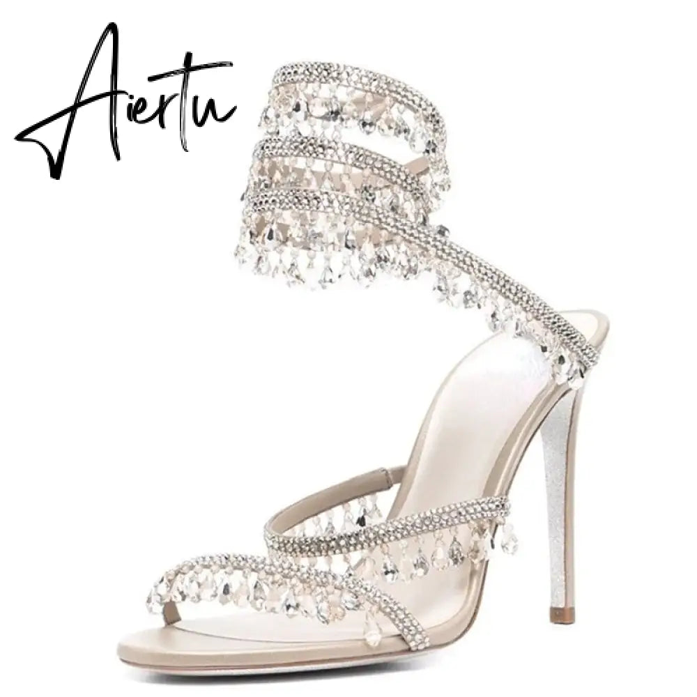 Brand Women's Serpentine Winding Tape Crystal Sandals High Heel Ankle Snake-shaped Lace-ups Sexy Rhinestone Woman's Shoes 34-43 Aiertu