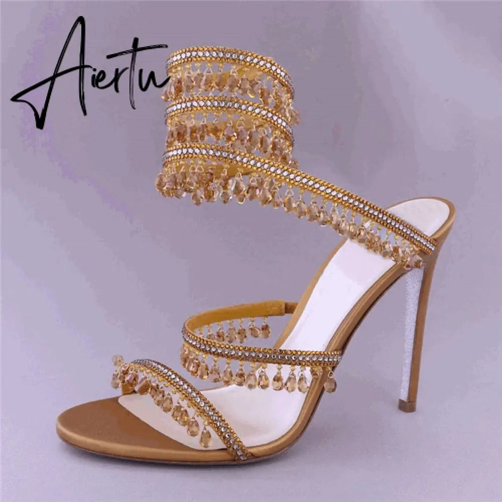Brand Women's Serpentine Winding Tape Crystal Sandals High Heel Ankle Snake-shaped Lace-ups Sexy Rhinestone Woman's Shoes 34-43 Aiertu