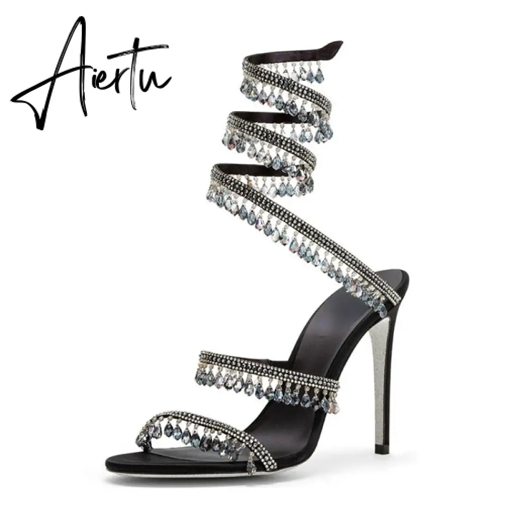 Brand Women's Serpentine Winding Tape Crystal Sandals High Heel Ankle Snake-shaped Lace-ups Sexy Rhinestone Woman's Shoes 34-43 Aiertu