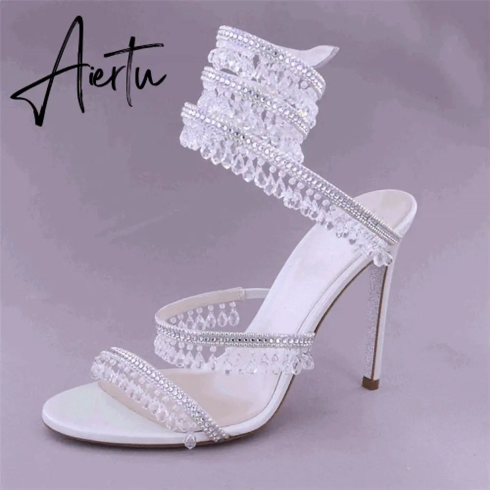 Brand Women's Serpentine Winding Tape Crystal Sandals High Heel Ankle Snake-shaped Lace-ups Sexy Rhinestone Woman's Shoes 34-43 Aiertu