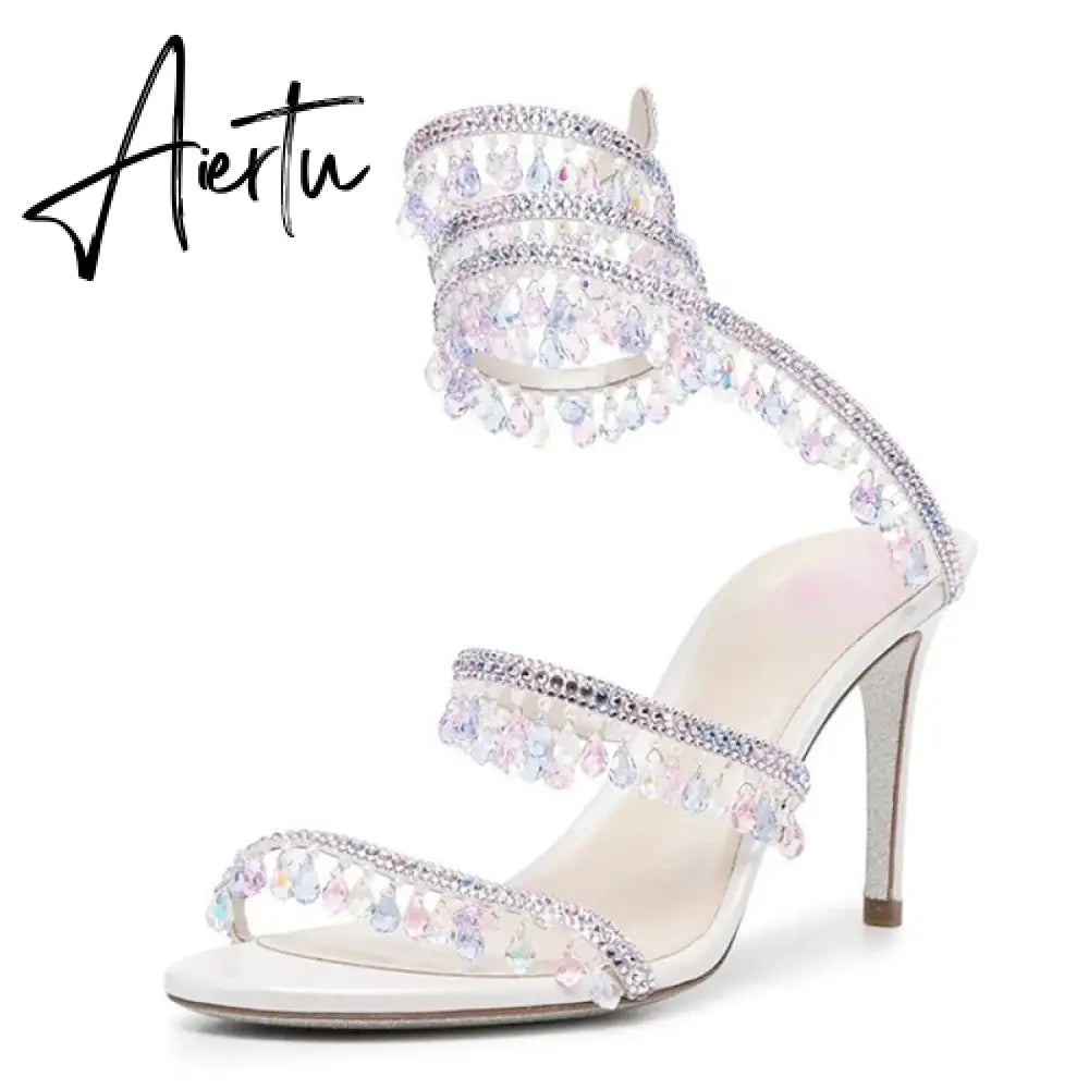 Brand Women's Serpentine Winding Tape Crystal Sandals High Heel Ankle Snake-shaped Lace-ups Sexy Rhinestone Woman's Shoes 34-43 Aiertu