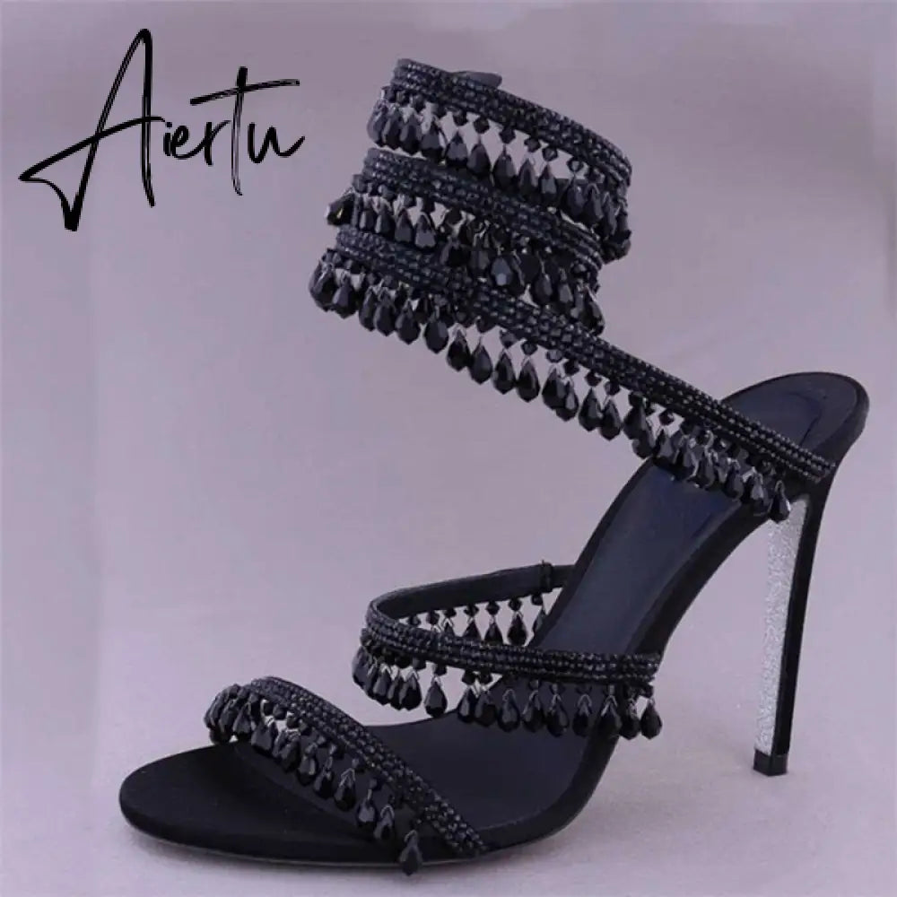 Brand Women's Serpentine Winding Tape Crystal Sandals High Heel Ankle Snake-shaped Lace-ups Sexy Rhinestone Woman's Shoes 34-43 Aiertu
