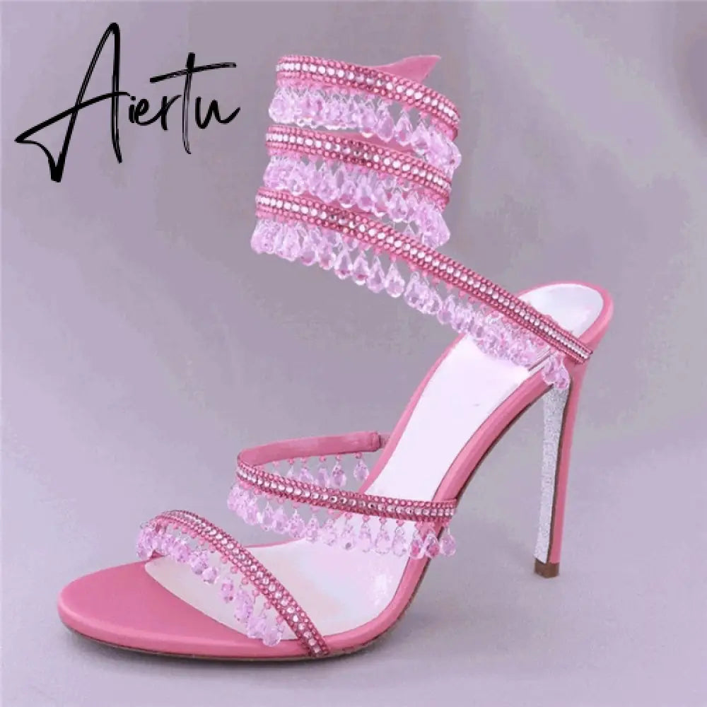 Brand Women's Serpentine Winding Tape Crystal Sandals High Heel Ankle Snake-shaped Lace-ups Sexy Rhinestone Woman's Shoes 34-43 Aiertu