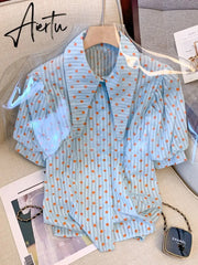 Button Up Shirt Women Tops Polka Dots French Blue Blouses Puff Sleeve Turn-Down Collar Chic Sweet Casual Summer New Aiertu