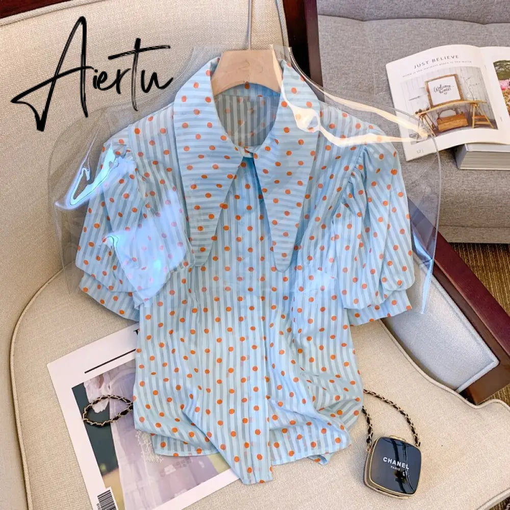Button Up Shirt Women Tops Polka Dots French Blue Blouses Puff Sleeve Turn-Down Collar Chic Sweet Casual Summer New Aiertu