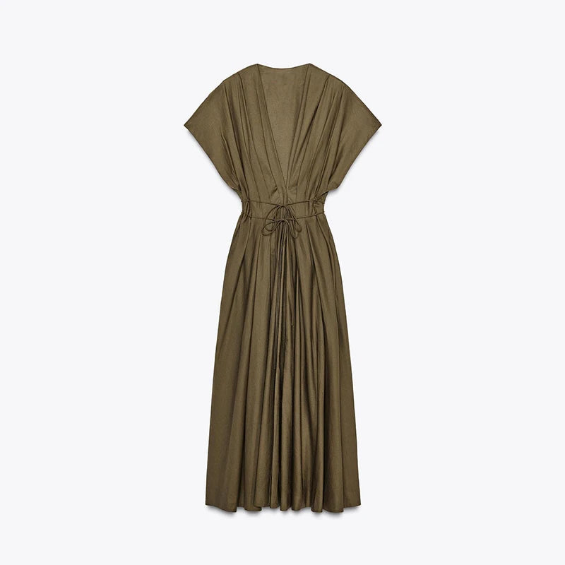 Aiertu  -  Lace Up Waist Cinched Dress Flying Sleeve Solid Color V Neck Pleated Slimming Workwear Women Strap Long Dresses Casual Robes New Aiertu