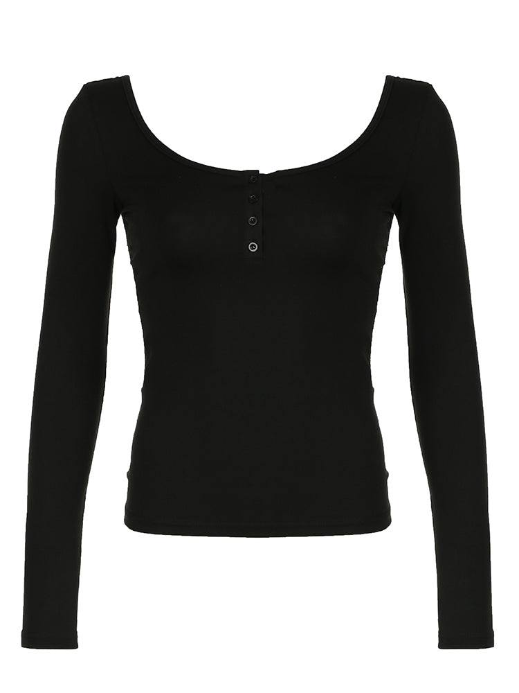 Aiertu - summer inspo Hot Back See Through Lace Patchwork Elegant Sexy Black T Shirt Women Button Up O Neck Slim Long Sleeve Solid Basic Tees Aiertu