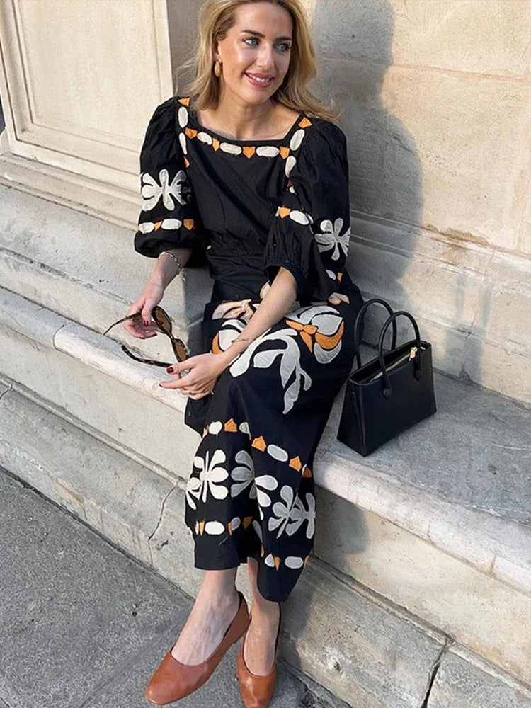 Aiertu  -  Women's Elegant Printed Long Dress Lantern Short Sleeve Loose Female Dresses Casual Square Collar Holiday Lady Robe Summer 2026 Aiertu