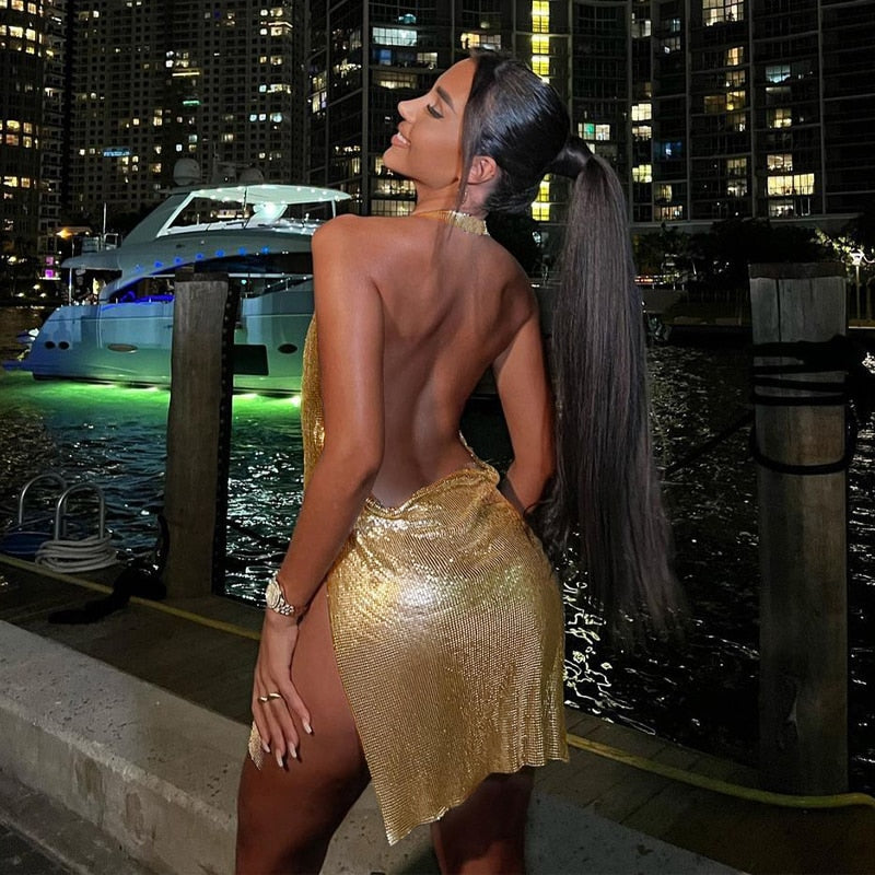 Aiertu  Summer Clothes Bling Glitter Women Halter Mini Dress Side Slit Backless Bodycon Sexy Streetwear Party Club Festival Aiertu