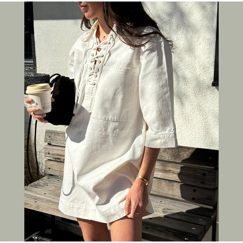 Aiertu  -  Summer Loose Bandage Dresses 2025 Woman Casual Lapel Collar Short Sleeve Female Mini Dress 2025 Solid High Street Lady Vestidos Aiertu