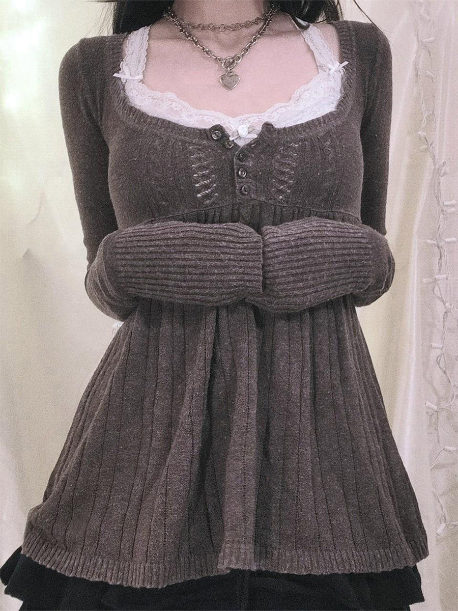 Aiertu  -  Women Vintage Solid Sweater Top Long Sleeve Button Front Knitted Babydoll Top 00S Retro Y2K Fairy Grunge Aesthetic Knitwear Aiertu