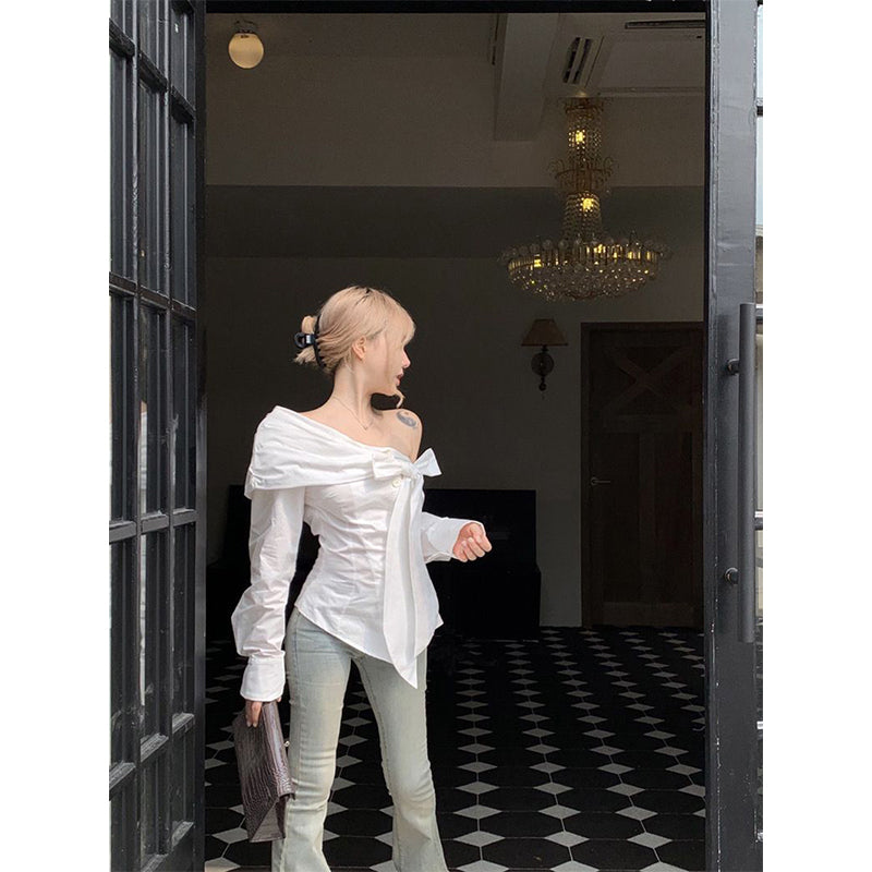 Aiertu Elegant White Shirts Women Streetwear Fashion Bow Bandage Blouses Korean Sexy Off Shoulder Long Sleeve Slim Design Tops Aiertu